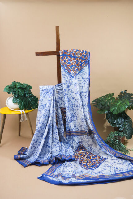 Blue and white cotton batik Kantha embroidery sari