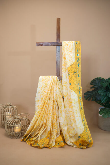 Yellow and white cotton batik Kantha embroidery sari