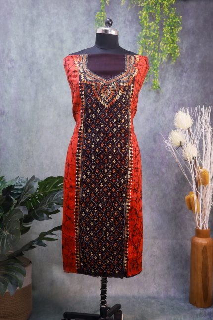 Orange Batik Kantha Kurti Material