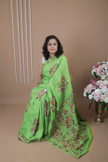 Pastel Green Pankhi Kantha Embroidery Sari