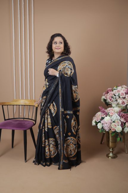 Black Paakhi Kantha Embroidery Sari