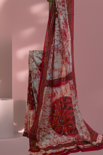 Red and White cotton batik Kantha embroidery sari