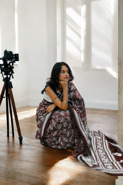 Maroon Semi Silk Kantha Embroidery Saree