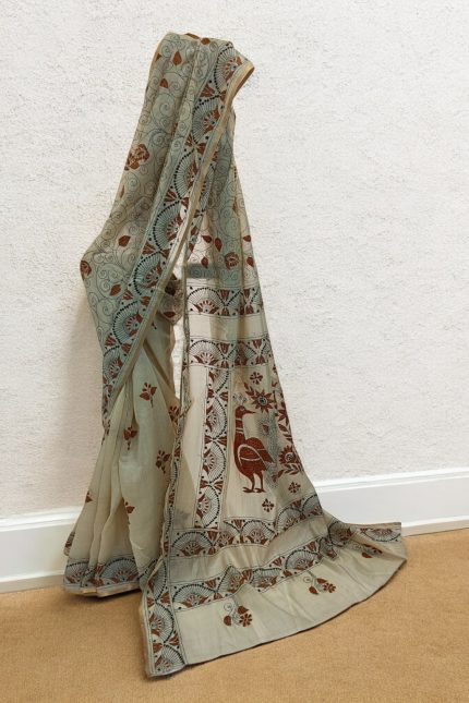 Off-White Chanderi Cotton-Silk with Brown Kantha Embroidery Saree