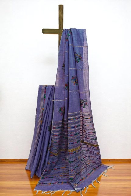 Purple Khesh cotton Kantha embroidery sari