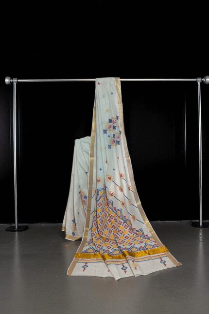 White Kerela Cotton Kantha Embroidery Sari