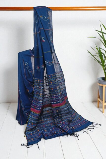 Indigo Blue Khesh cotton Kantha embroidery sari