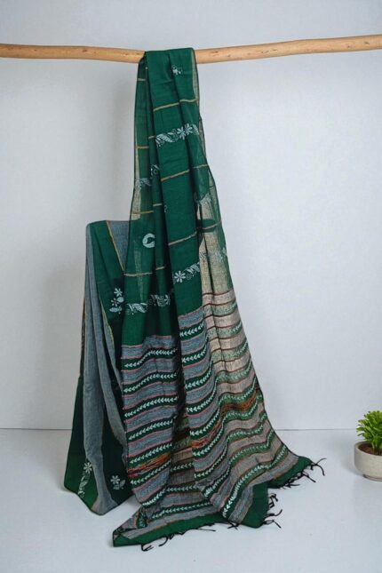 Dark Green Khesh cotton Kantha embroidery sari