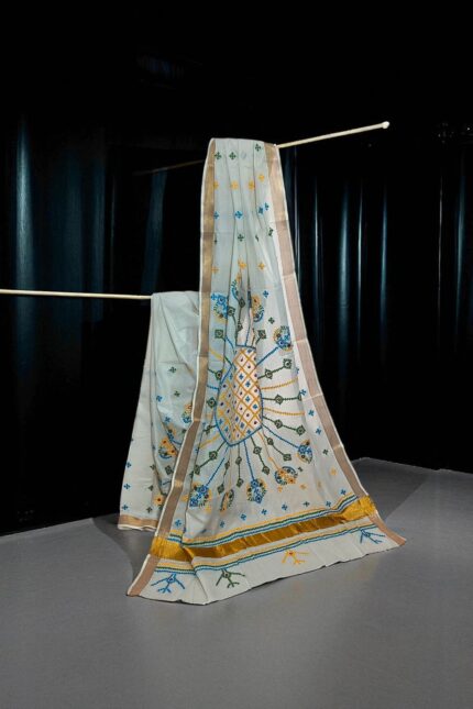 White Kerela Cotton Kantha Embroidery Sari