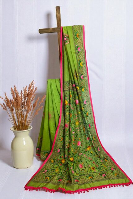 Lime Green Chanderi Cotton Silk Phulkari Saree