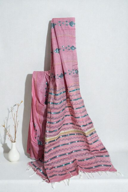 Onion Pink Khesh Cotton Kantha embroidery Saree