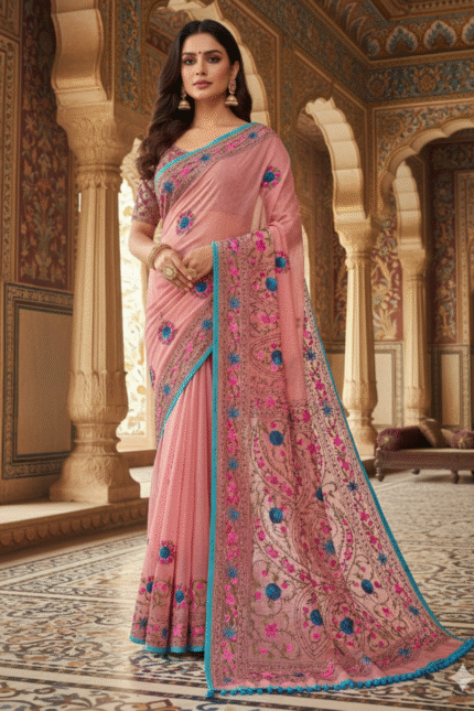 Light Pink Chanderi Cotton Silk Phulkari Saree