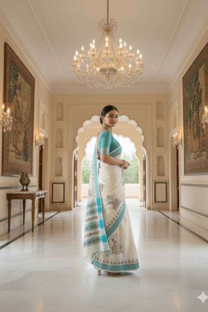 Milky-white Handloom cotton Kantha Embroidery Saree