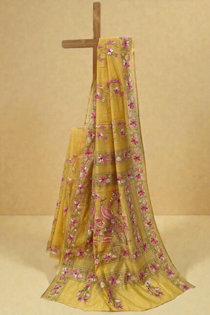 The Gilded Garden: Sandalwood Yellow Chanderi Kantha Saree