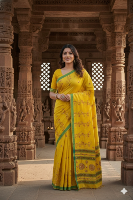 # The Golden Meadow: Sunny Yellow Khadi Cotton Kantha Saree