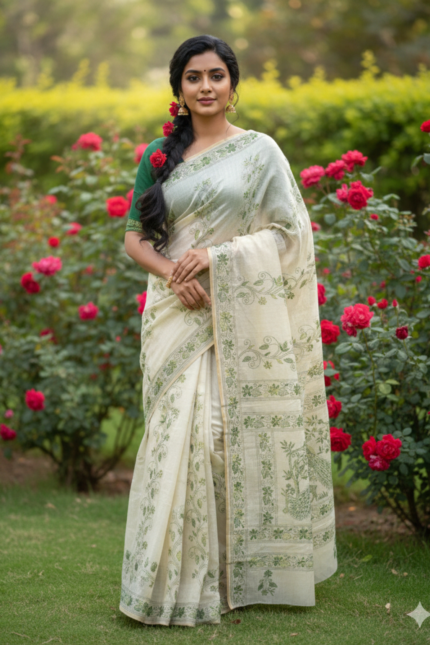 The Ivory Forest: Off-White Chanderi Kantha Saree