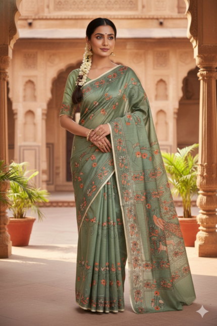 The Enchanted Grove: Sage Green Chanderi Kantha Saree