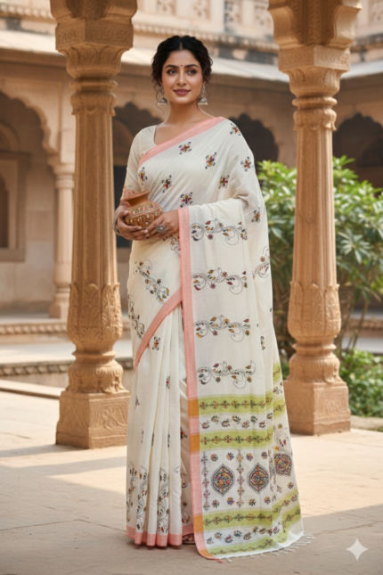 The Ivory Column: Off-White Khadi Cotton Kantha Saree