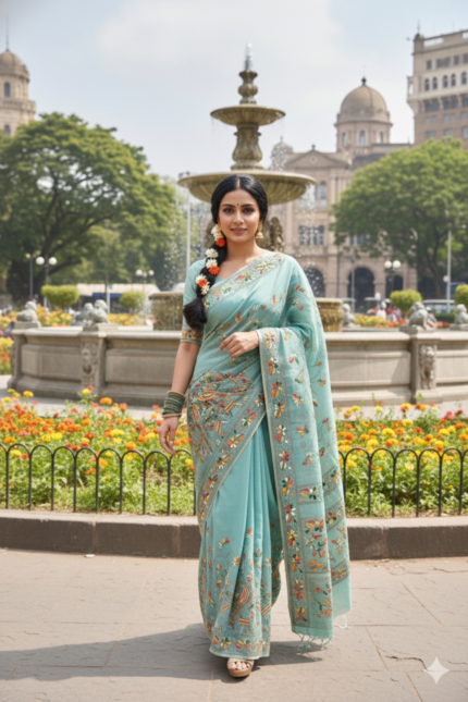 # The Azure Garden: Blue Chanderi Kantha Saree