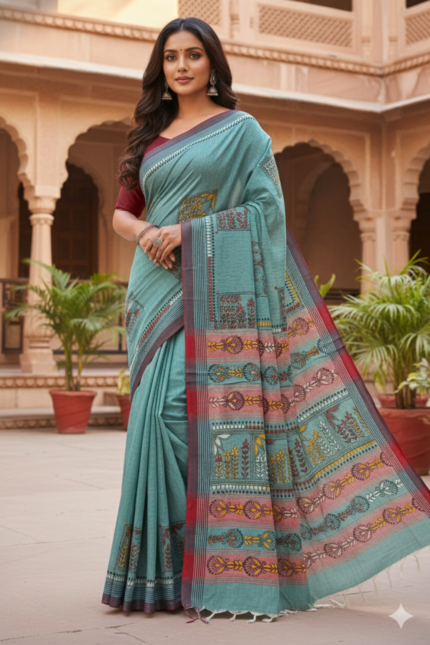 The Tropical Forest: Teal Khadi Cotton Kantha Saree