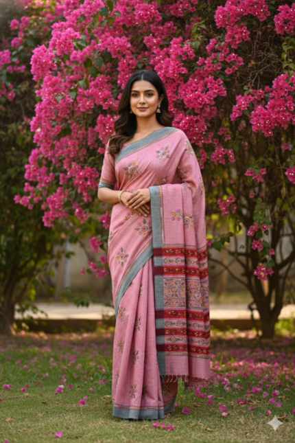 The Radiant Pastel: Onion Pink Khadi Cotton Kantha Saree