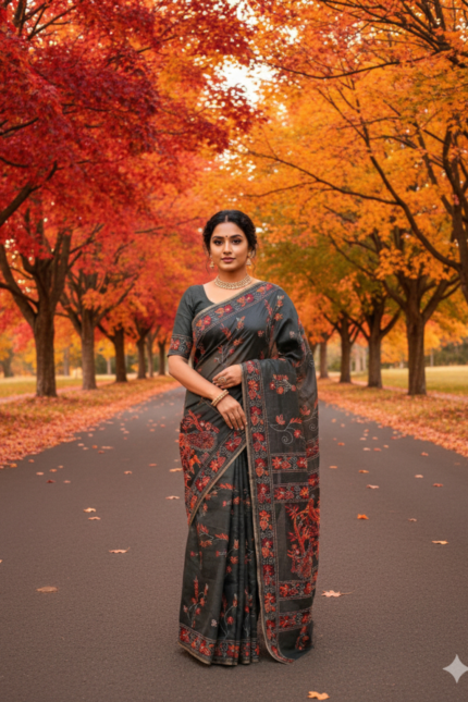 The Midnight Fire: Black Chanderi Kantha Saree