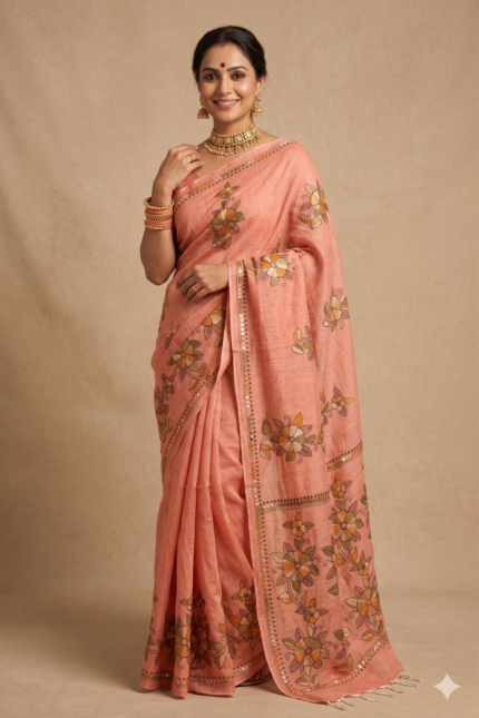 # The Morning Nectar: Peach Kantha Embroidery Saree