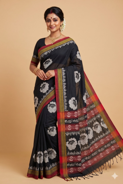 # The Midnight Prism: Black Kantha Embroidery Saree