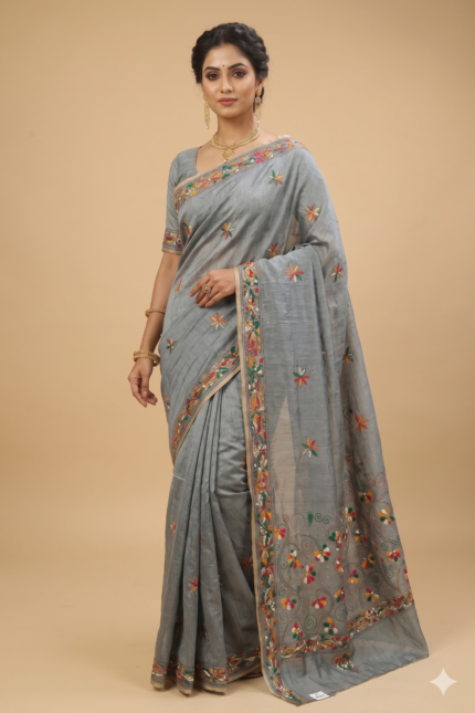 # The Silver Tapestry: Steel Grey Chanderi Silk Kantha Saree