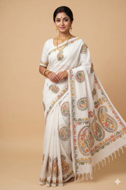 # The Ivory Heritage: Milky White Kantha Embroidery Saree