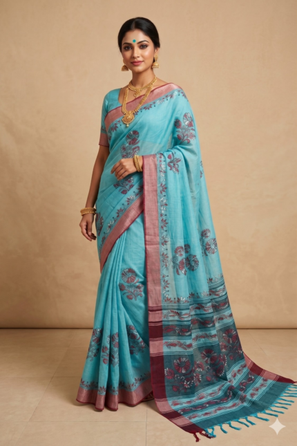 # The Azure Meadow: Light Blue & Teal Kantha Embroidery Saree
