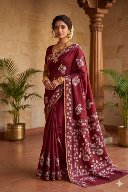 # The Crimson Crest: Maroon & White Chanderi Silk Kantha Saree