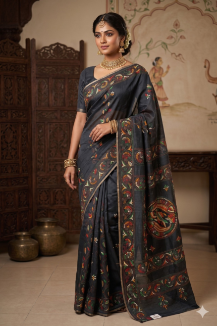 # The Midnight Voyage: Black Chanderi Silk Kantha Saree