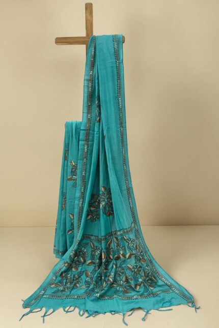 # The Gilded Teal: Metallic Kantha Handloom Saree