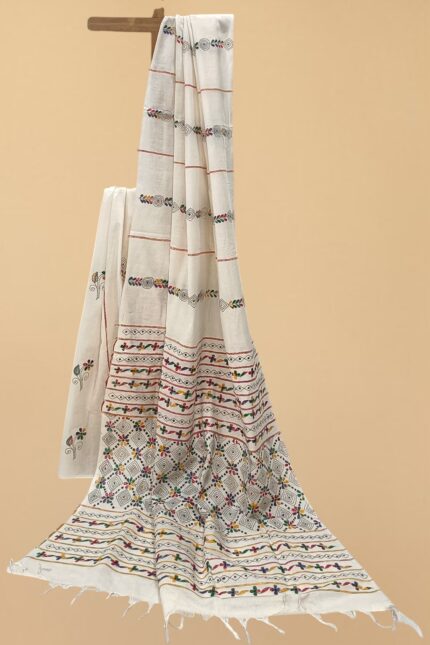 # The Ivory Prism: Milky White Khesh Kantha Saree