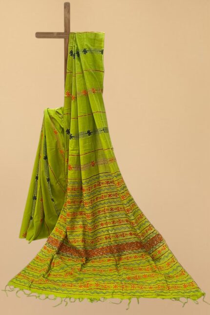# The Emerald Ember: Vibrant Green Khesh Kantha Saree