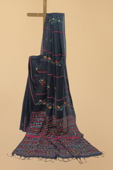 # The Midnight Mosaic: Black Khesh Kantha Saree