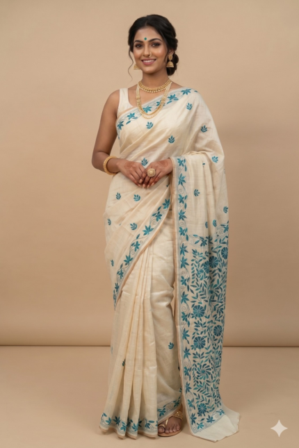 # The Azure Frost: Ivory White & Bright Blue Chanderi Saree