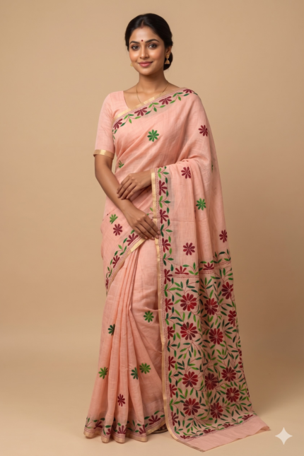 # The Coral Grove: Peach & Red-Green Chanderi Saree