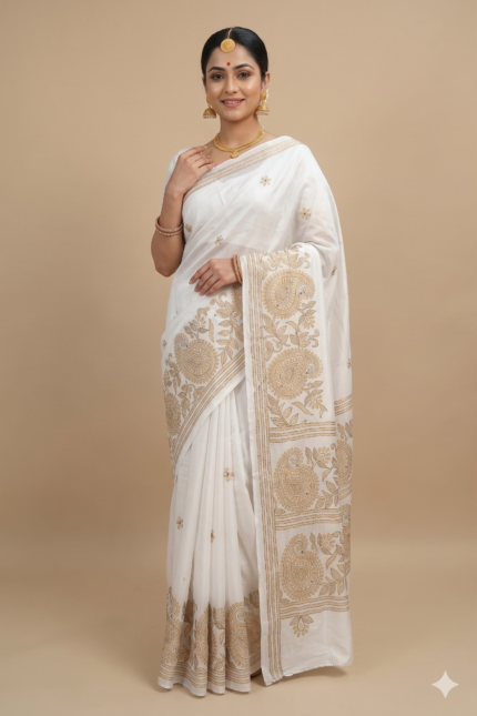# The Ivory Paisley: Milky White & Beige Semi-Silk Saree