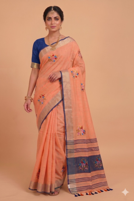 # The Nectar & Navy: Peach Pure Linen Saree