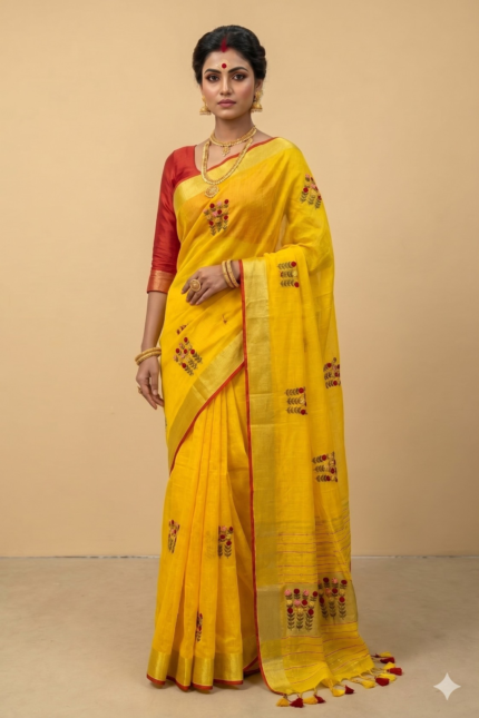 # The Gilded Meadow: Golden Yellow Pure Linen Saree