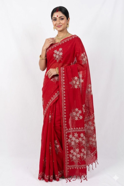 # The Crimson Bloom: Red & White Handloom Kantha Saree