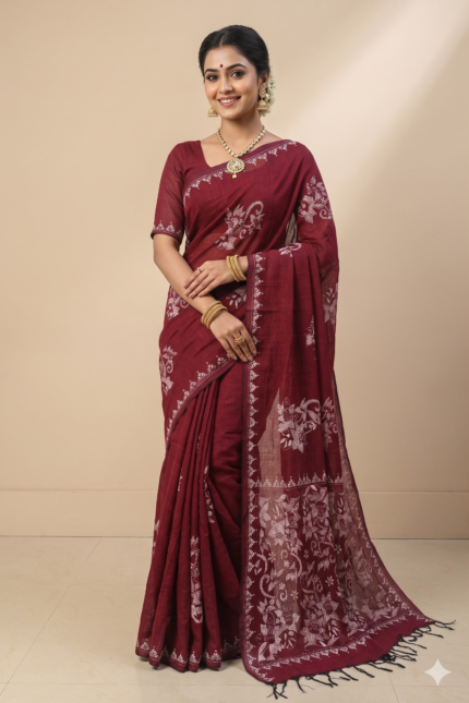 # The Garnet & Ivory: Maroon Handloom Kantha Saree