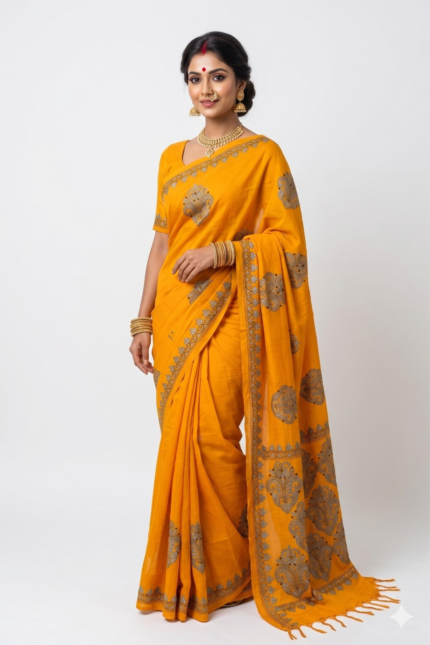 # The Citrine Glow: Vibrant Yellow & Silver Grey Kantha Saree