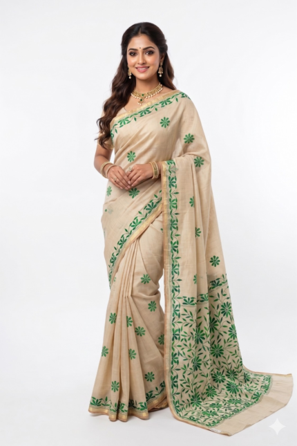 # The Jade Meadow: Ivory White & Green Chanderi Saree