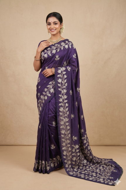 # The Velvet Night: Dark Purple & Luminous Kantha Semi-Silk Saree