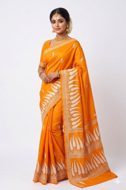 # The Golden Hearth: Turmeric Yellow & Monochrome Kantha Saree