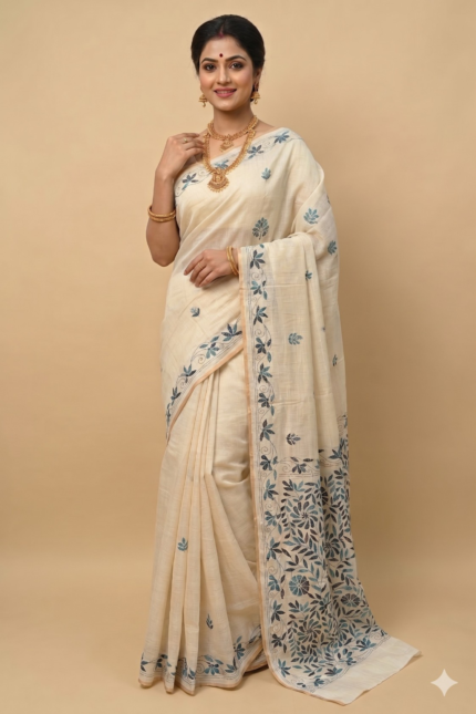 # The Slate Whisper: Ivory White & Greyish Blue Chanderi Saree