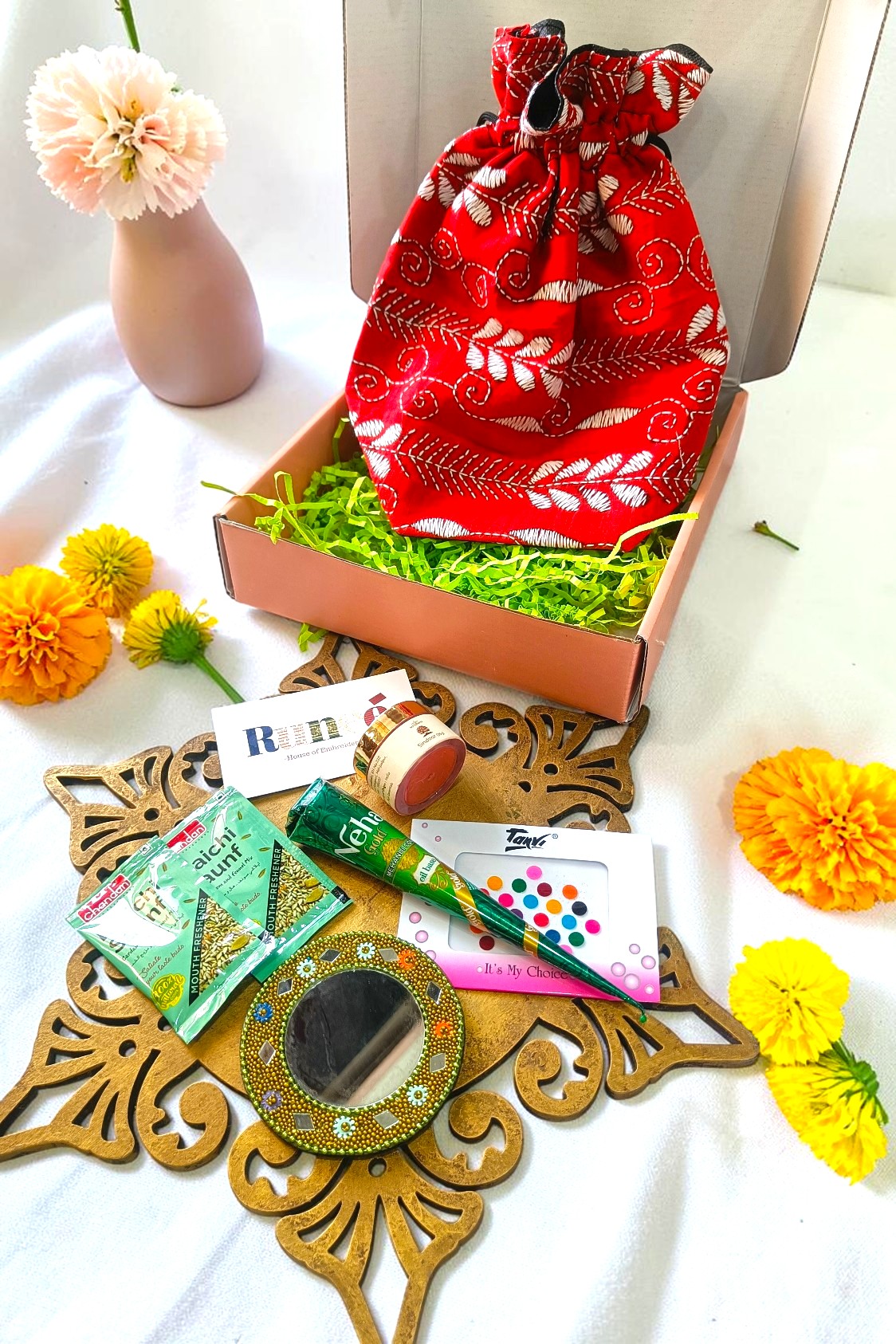 Red with white potli gift hamper